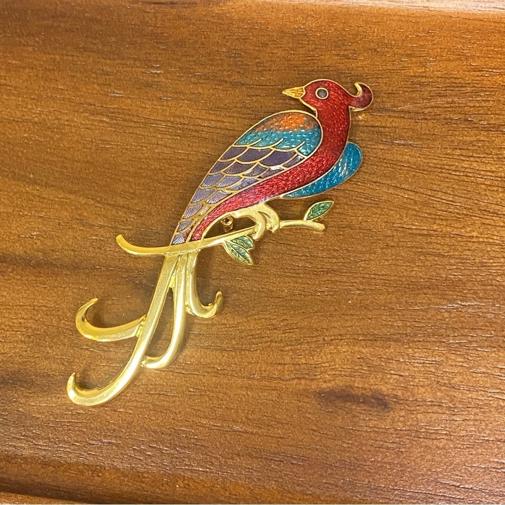 Colorful Bird Parrot Pin Brooch gold metal fancy tail‎ 3 inches